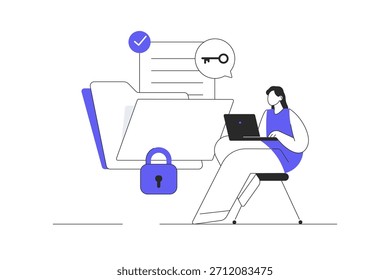 Trabajador de oficina con carpeta gigante para almacenar papeles. Sistema de gestión de archivos, servicio de almacenamiento de documentos en línea. Ilustración vectorial plana de la historieta, icono Web elegante de la página de aterrizaje del diseño abstracto
