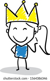 Office worker Girl in a big gold crown -  Girl hand drawn doodle line art cartoon design character - isolated vector illustration outline of woman.

