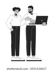 Office worker giving advice to coworker linear illustration. Hispanic man employee sharing feedback with black male colleague 2D line characters isolated on white. Monochrome vector outline image