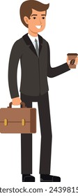 Office worker go to work with coffee cup. Happy businessman morning