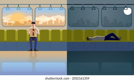 Trabajador de oficina va a trabajar por la mañana en transporte público. Después de las horas de trabajo, trabajando duro todo el día, se sienta en un asiento, duerme en un tren de vuelta a casa con cansados, agotados y sin energía.