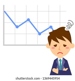 Office worker and graph down. Male office worker in suit. Vector illustration.