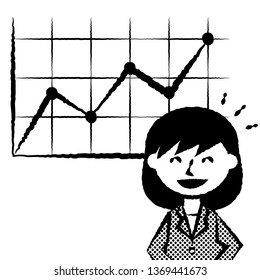 Office worker and graph up. female office worker in suit. Vector illustration.