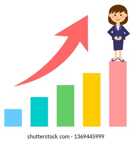 Office worker and graph up. female office worker in suit. Vector illustration.