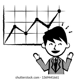 Office worker and graph up. Male office worker in suit. Vector illustration.