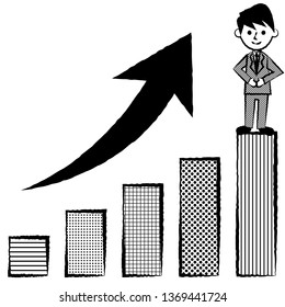 Office worker and graph up. Male office worker in suit. Vector illustration.
