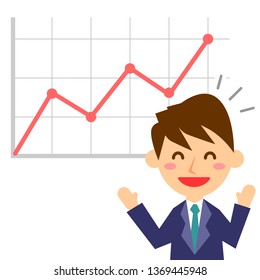 Office worker and graph up. Male office worker in suit. Vector illustration.