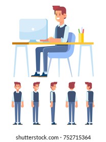 Office worker guy. Young man is working on computer. Front, side, back, 3/4 view character.  Flat vector illustration.