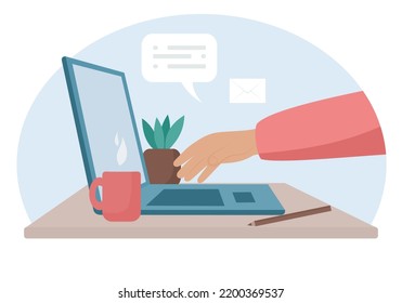 Trabajador de oficina trabajando mano a mano en un ordenador portátil. Tecnología moderna, concepto de trabajo de oficina. Ilustración del vector