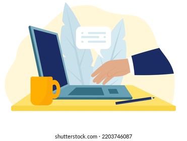 Office worker hand working on laptop computer. Modern technology, office work concept. Vector illustration.