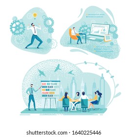 Office Worker Happy at Finding Brilliant Business Solution. Manager at Desk with Laptop Searching for Problem Solution. Couch Teaching Group Ideas Generation Basics. Three Banners with Copy Space.