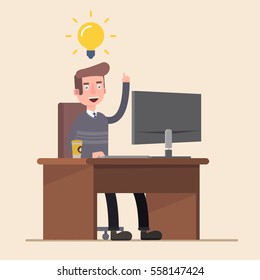 office worker, is happy with the new idea of a bright solution to your desktop. Modern colorful flat style vector.