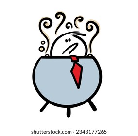 Office worker has committed a crime and is being punished, sitting in a pot of boiling water. Vector illustration of hell for a businessman and a financial fraudster. Doodle person isolated on white.