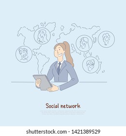 Office worker having business calls on tablet, communicating with people around world, having online meeting banner