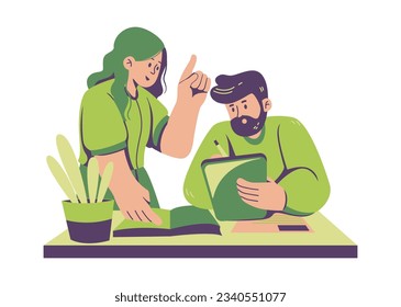 office worker having discussion with colleague, flat style illustration