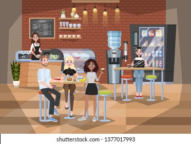 Office worker having lunch in buffet. Coffee break or dinner. People communicate with each other. Dining room design. Vector illustration in cartoon style