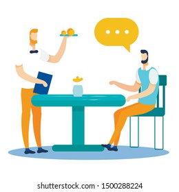 Office Worker Having Lunch at Cafe. Waiter Serving Table, Bringing Visitor Order. Break Time at Work. Cartoon Man and Garcon Characters. Dialogue between Professional Staff. Vector Flat Illustration