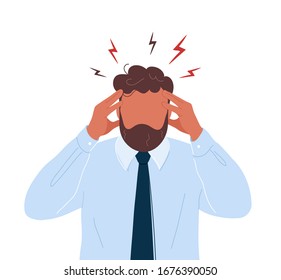 Office worker with headache touching his head. Flat modern trendy style.Vector hand drawn character illustration. Isolated on white background. Headache, migraine, stress concept.