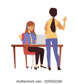 Office worker in headset with laptop helps client, flat vector illustration isolated on white background. Call center operator or telemarketing assistant sits at desk.