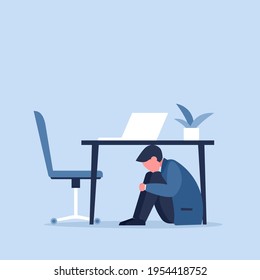 Office Worker Hiding Under Desk Illustration. Clipart Image.