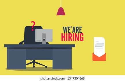 Office Worker Hiring Poster design, We're hiring. Vector flat illustration on yellow background. Mali on offer latter - Vector