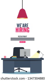 Office Worker Hiring Poster design, We're hiring flat illustration background. - Vector Workplace with a computer in the office. 