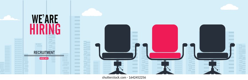 Office Worker Hiring Poster design, We're hiring flat illustration background. - Vector Workplace with a computer in the office.