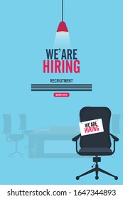 Office Worker Hiring Poster design, We're hiring flat illustration background. - Vector Workplace with a computer in the office.