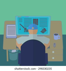 Office worker at his computer desk. Working room section interior view. IT engineer and web designer workplace. Flat design template vector illustration. 