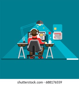 Office worker at his desk, back view. Cool vector flat design illustration with man working on desktop computer.