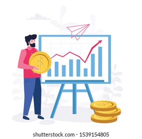 Office worker hold golden coin and studying near business infographic, the analysis of the evolutionary scale, Vector illustration 