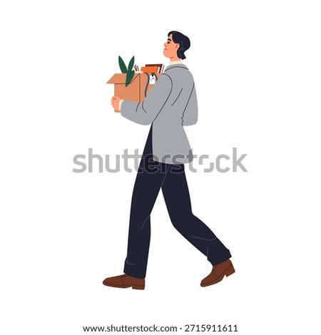 Office worker holding box with personal belongings, property, leaving job. Fired dismissed employee walking with cardboard after career change. Flat vector illustration isolated on white background