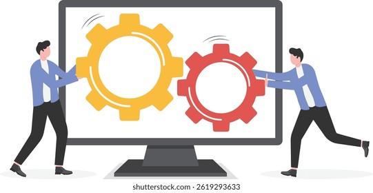 Office worker holding cog wheel as unity and teamwork in corporate workplace concept.

