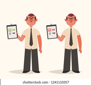 Office Worker Holding Documents (Approved and Denied). Cartoon Style. Vector Illustration