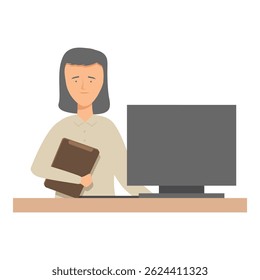 Office worker holding documents standing at her desk with computer on it