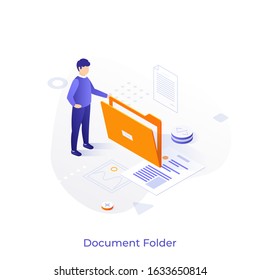 Office Worker Holding Giant Folder For Storing Papers. Modern Concept Of File Management System, Online Document Storage Service, Archive, Paperwork Organization. Isometric Cartoon Vector Illustration