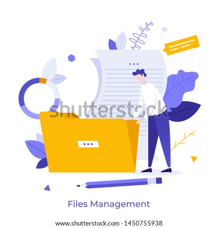 Office worker holding giant folder for storing papers. Modern concept of file management system, online document storage service, archive, paperwork organization. Flat cartoon vector illustration.