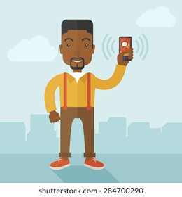 Un trabajador de oficina sostiene su smartphone vibrando. Un estilo contemporáneo con una paleta pastel y un fondo suave de tonos azules con nubes desaturadas. Ilustración de diseño plana vectorial. Diseño cuadrado.  