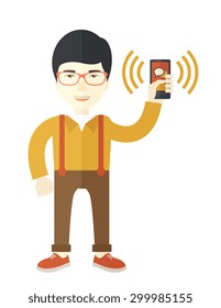 An office worker holding his smartphone vibrating.  A Contemporary style. Vector flat design illustration isolated white background. Vertical layout.