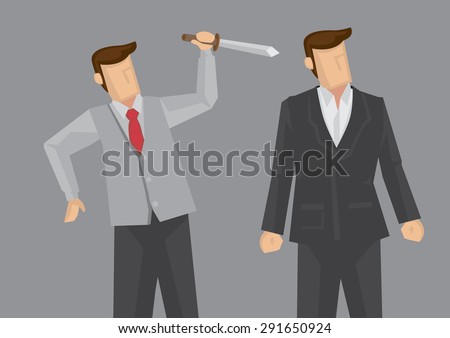 Office worker holding a knife behind another business executive. Creative vector illustration for backstabbing metaphor and office politics concept isolated on grey background. 