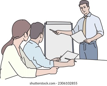 Trabajador de oficina celebrando una reunión mientras observa los materiales