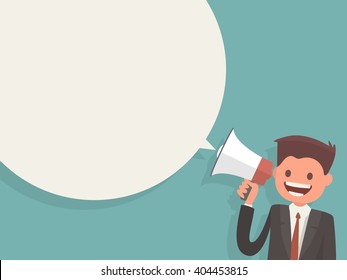 Office worker holding a megaphone. Bubble speech. Template Information poster