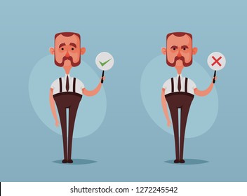 Office Worker Holding Right and Wrong Signs. Cartoon Style. Vector Illustration