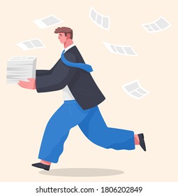 Office worker holding stack of documents running. Unorganized man in panic of paperwork. Worker failure deadline, stressing, busy. Employee hurry and panic. Vector cartoon character with flying papers