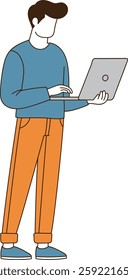 An office worker holding and using a laptop is smiling. minimal line art vector illustration. 