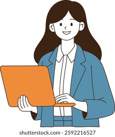 An office worker holding and using a laptop is smiling. minimal line art vector illustration. 