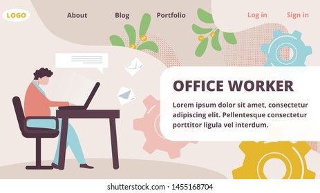 Office Worker Horizontal Banner. Pregnant Woman Sitting at Workplace Working on Laptop Send E-mails to Clients. Girl Manager in Business Company, Employee Character, Cartoon Flat Vector Illustration