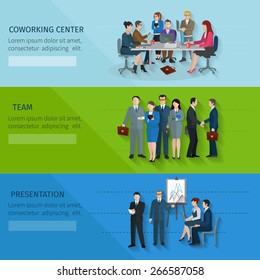 Office worker horizontal banner set with coworking center team presentation elements isolated vector illustration