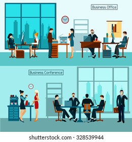 Office Worker Horizontal Banner Set With Business Conference Isolated Vector Illustration