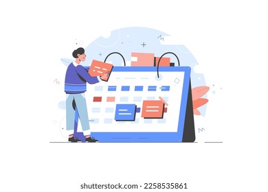 Office worker with huge calendar planning schedule for month. Business person using online service for work. Concept illustration of time management. Manage schedule and time. Flat vector.